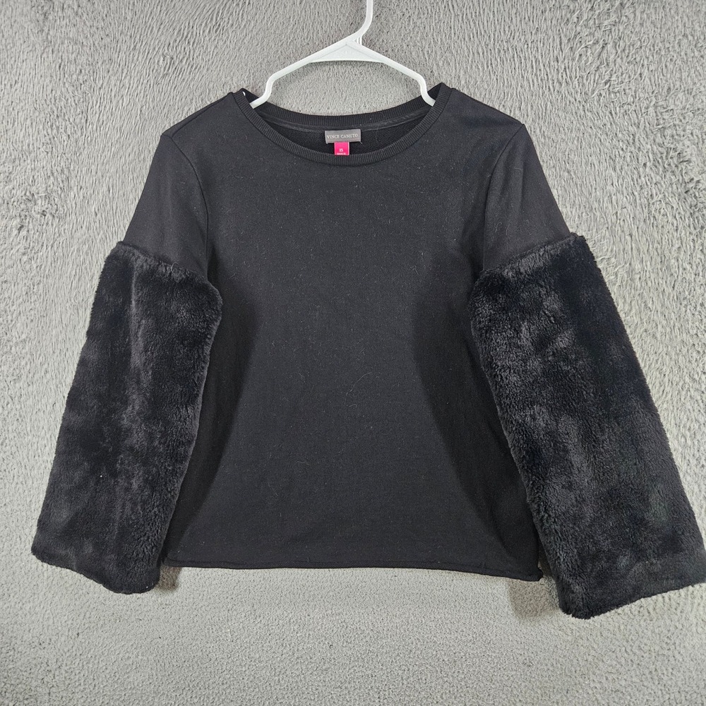 Vince Camuto Womens Black Faux Fur Sleeve Sweatshirt Crew Neck XS